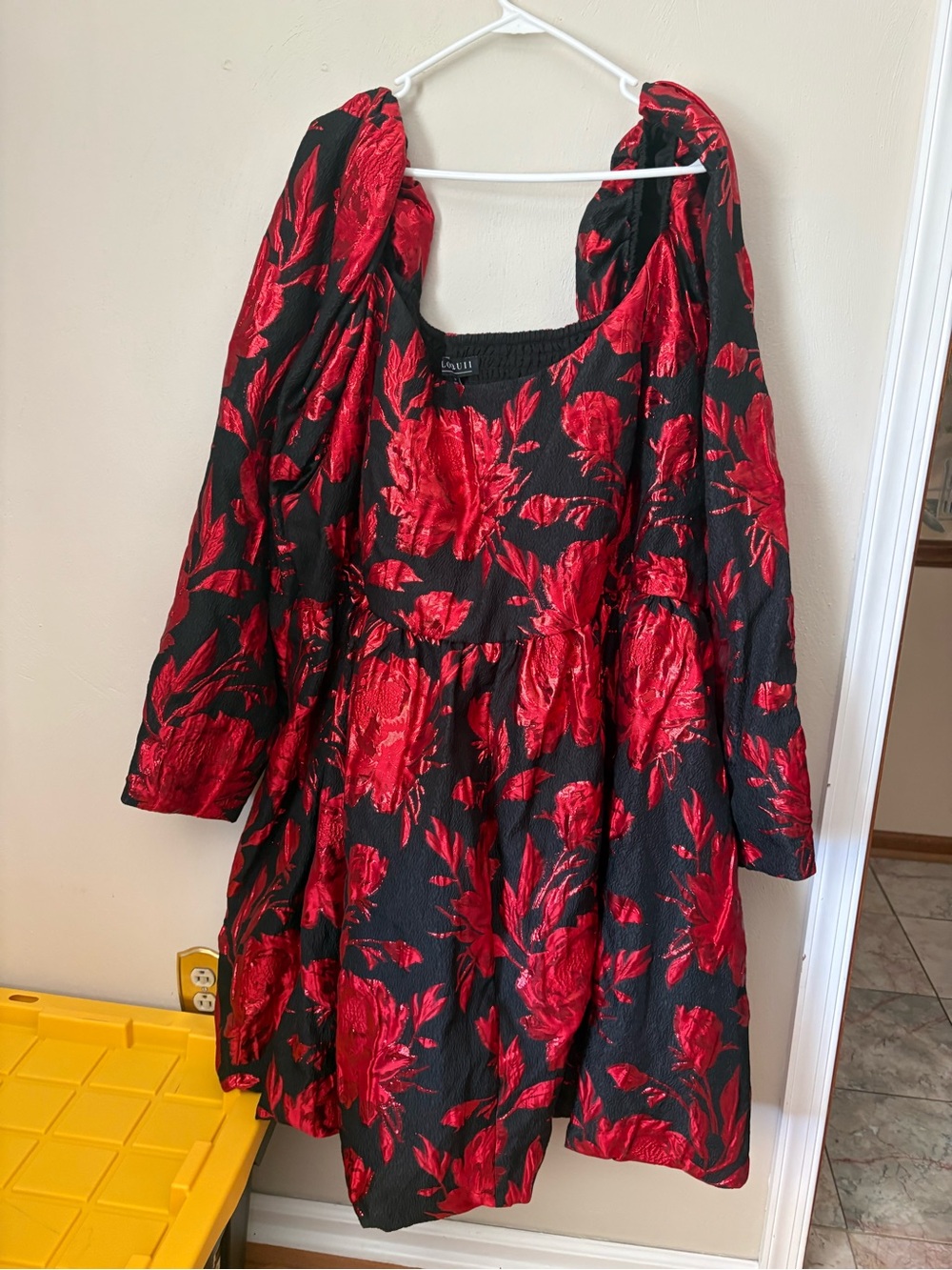 Eloquii Red Floral Puff-Sleeve Long Sleeve Dress